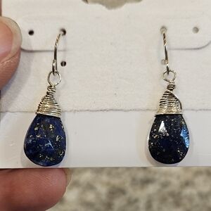 Blue Lava Rock Wire Wrapped Teardrop Earrings Sterking Silver